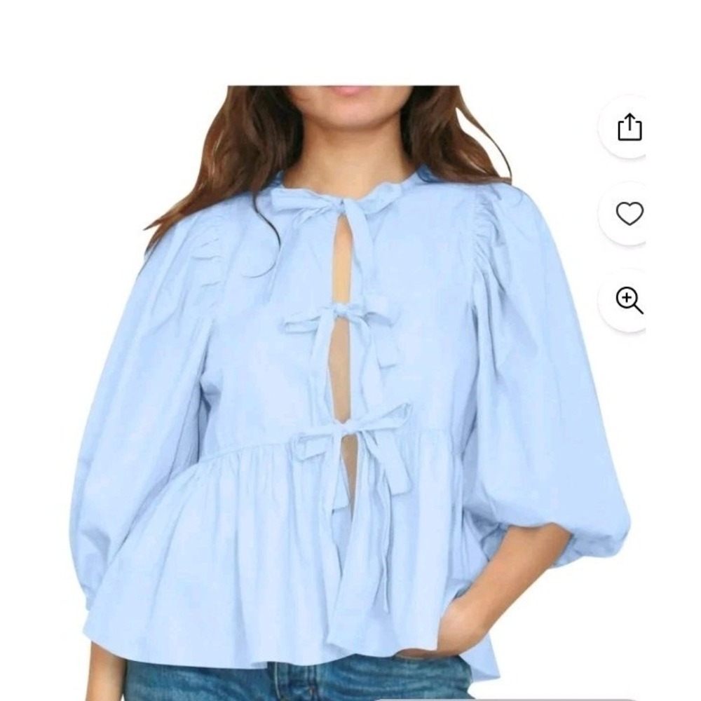 Sky Blue Babydoll Peplum Blouse Long‎ Sleeve Hidden Button Bow Tie Front Size M